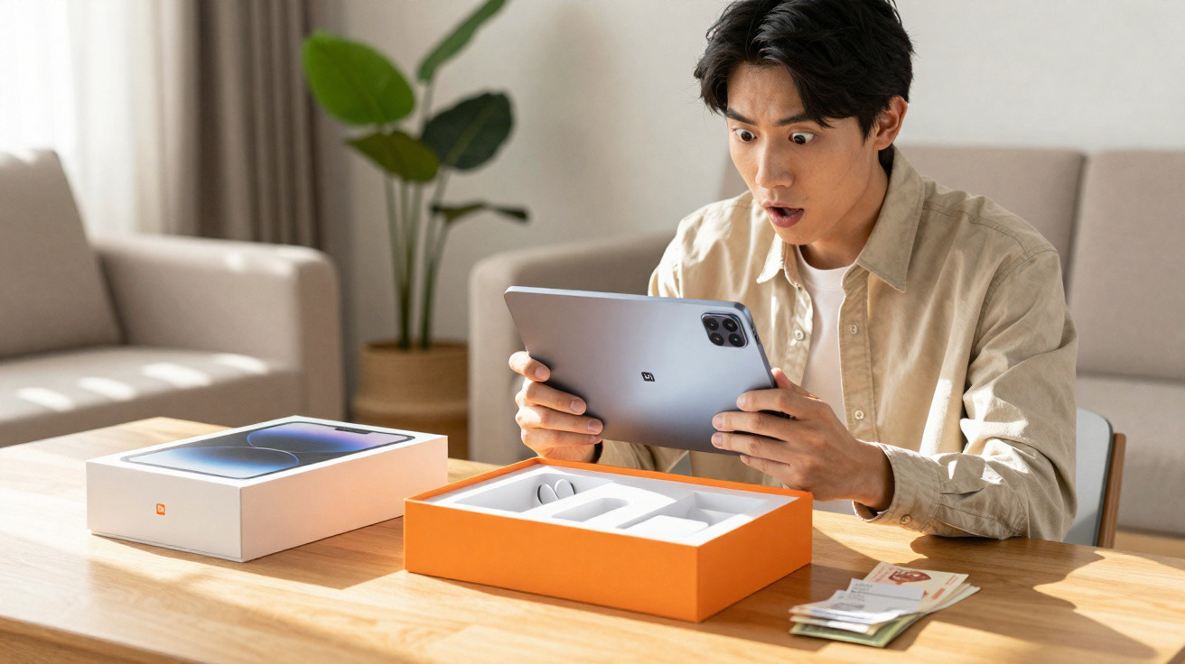 Homem surpreendido a segurar tablet novo junto a caixas e à sua mesa de madeira numa sala moderna.