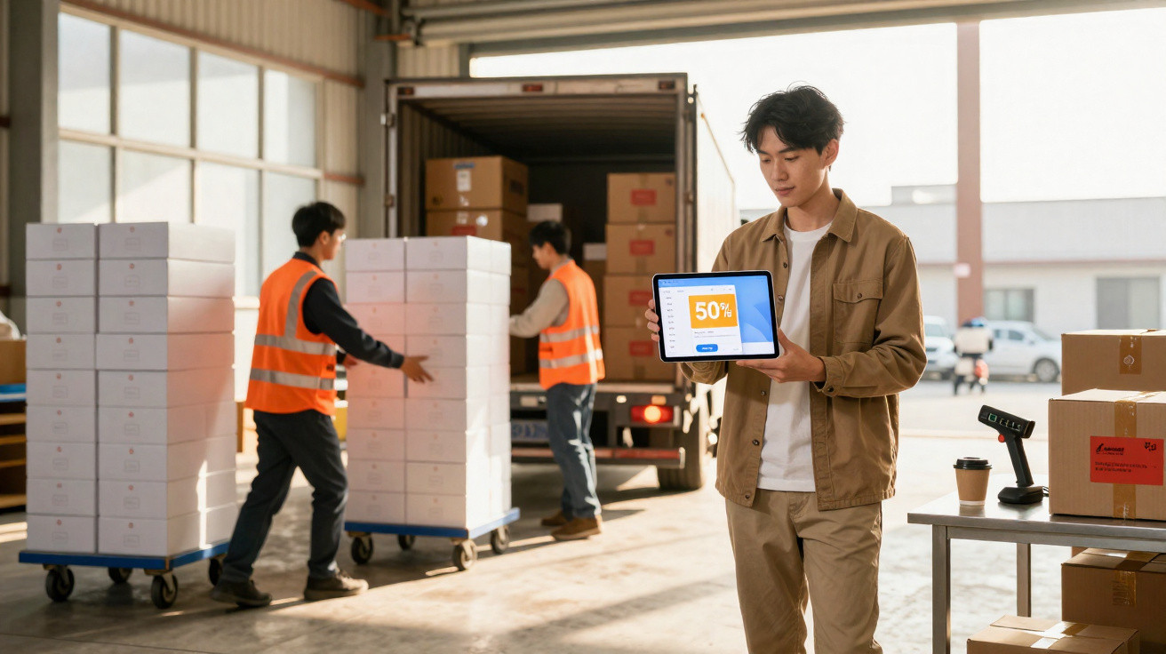 Homem com tablet mostra promoção de 50% em armazém com trabalhadores a mover caixas em carrinhos.
