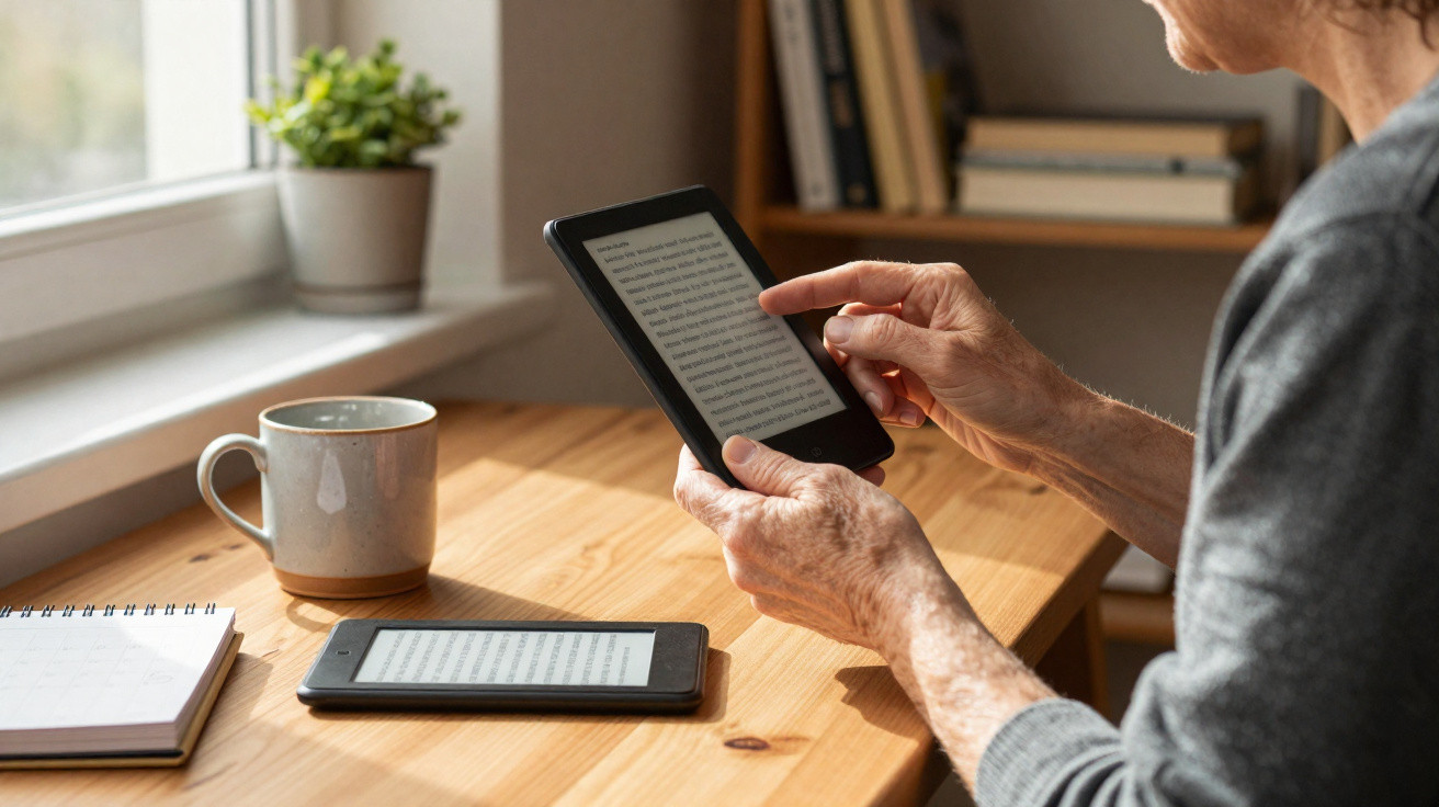 Pessoa idosa a ler num leitor de e-books junto a uma mesa com outra e-reader, caneca, caderno e planta.