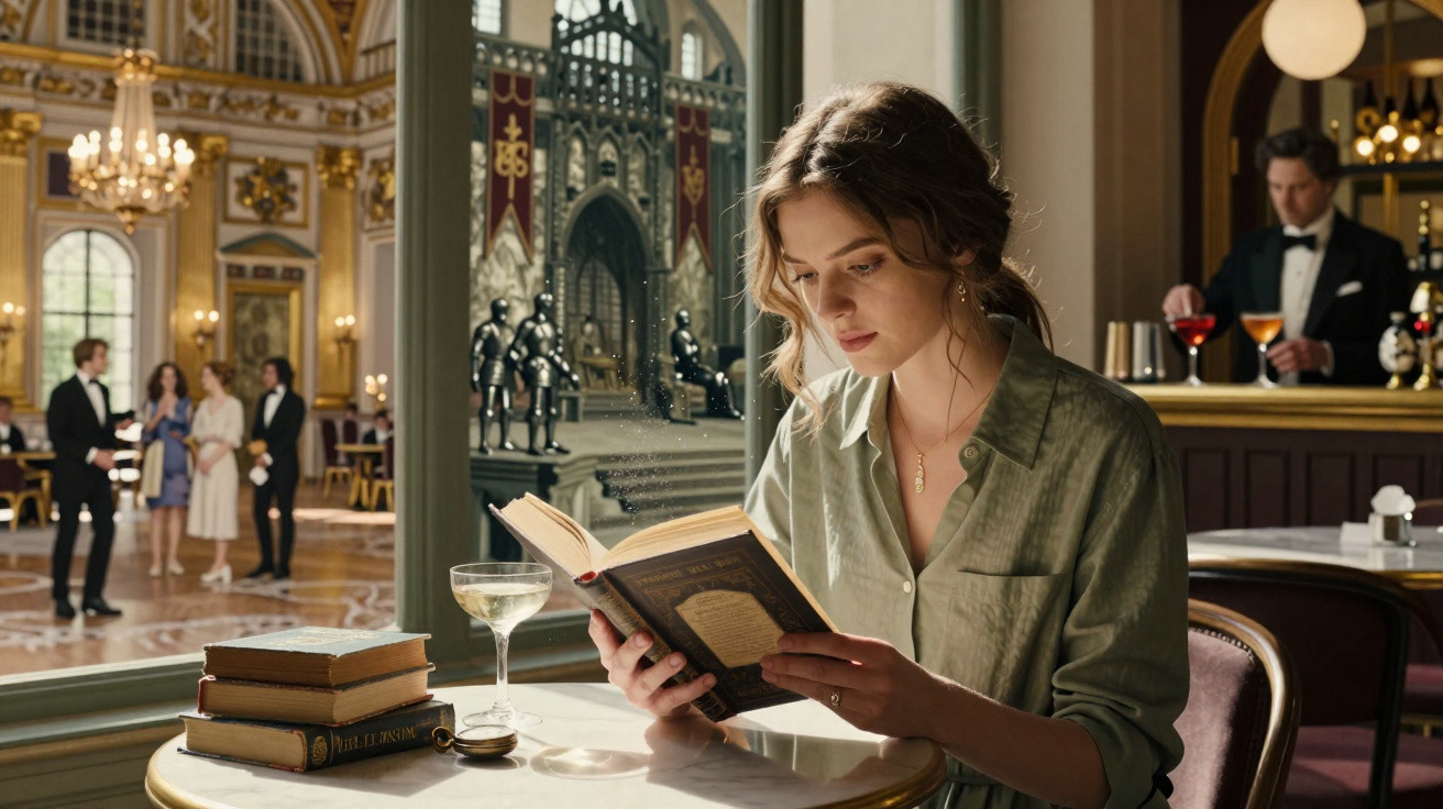 Mulher sentada a ler livro num café elegante, com copo e livros na mesa, e pessoas ao fundo.