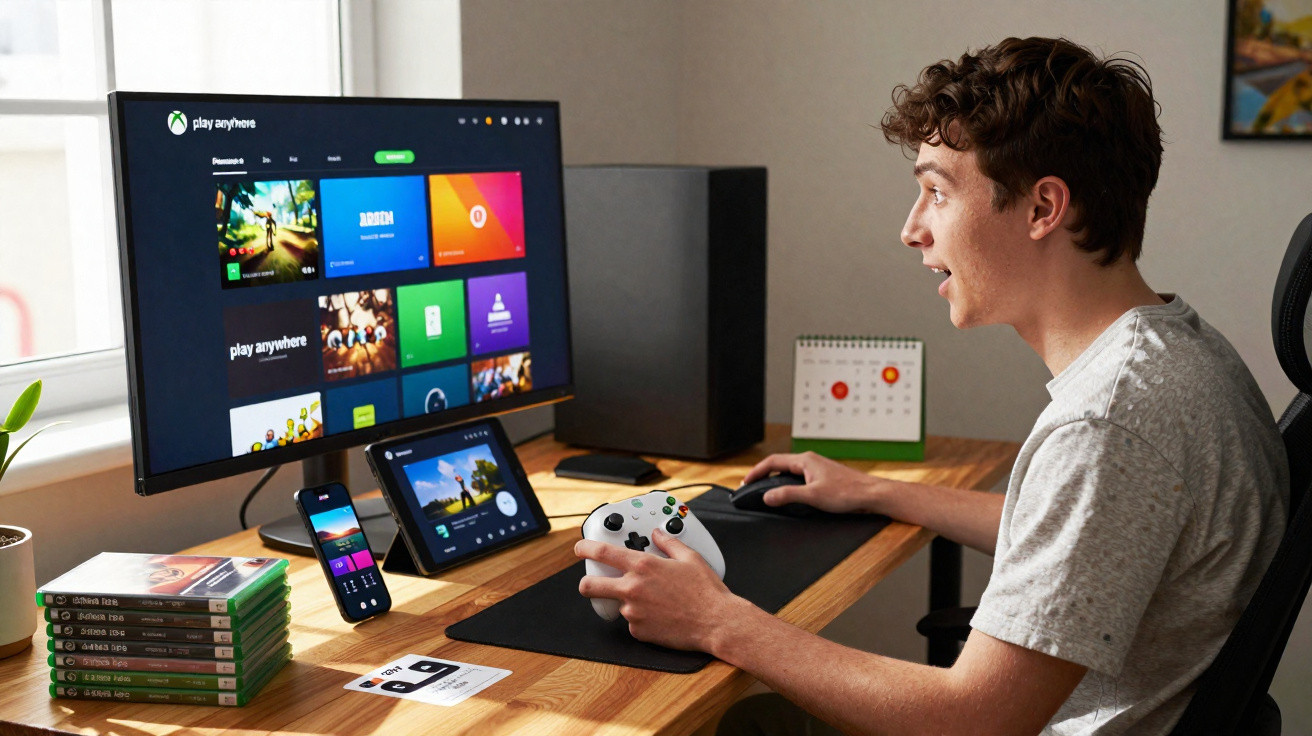 Jovem sentado a jogar videojogos no computador com comando, monitor, tablet e telemóvel na secretária.