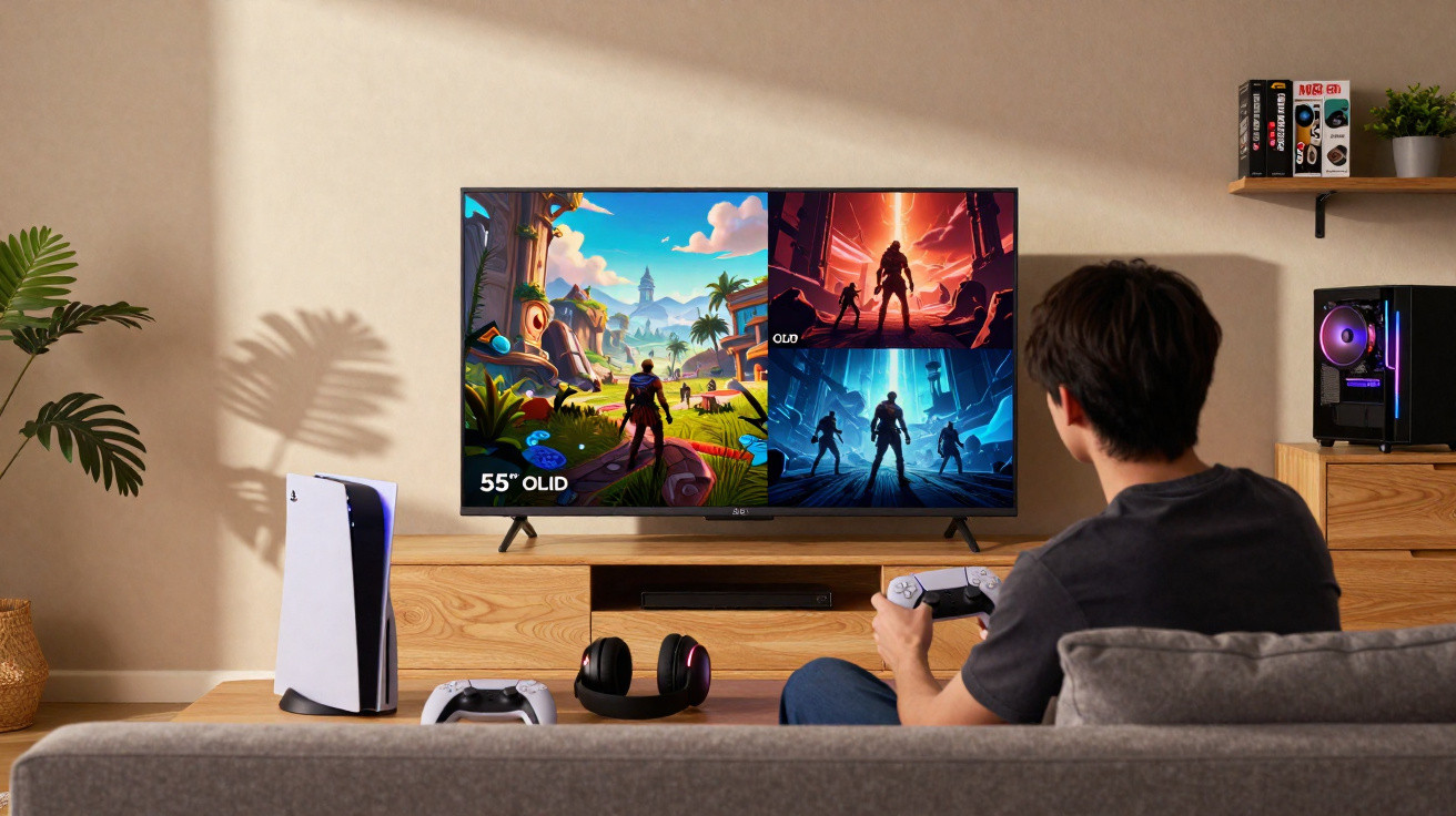 Homem a jogar videojogos numa televisão 55" com consola PlayStation e auriculares numa sala moderna.