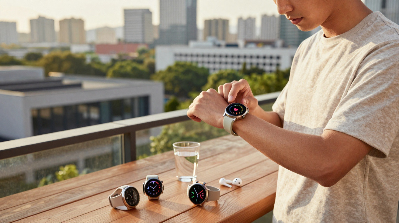 Homem a verificar smartwatch no pulso, com vários modelos de relógios e auscultadores sobre mesa exterior.