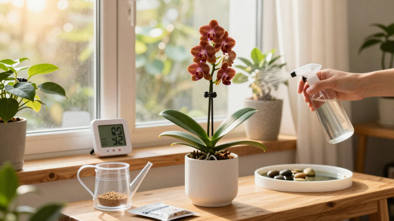 Orquídea laranja a ser pulverizada com água numa mesa de madeira perto de uma janela iluminada.