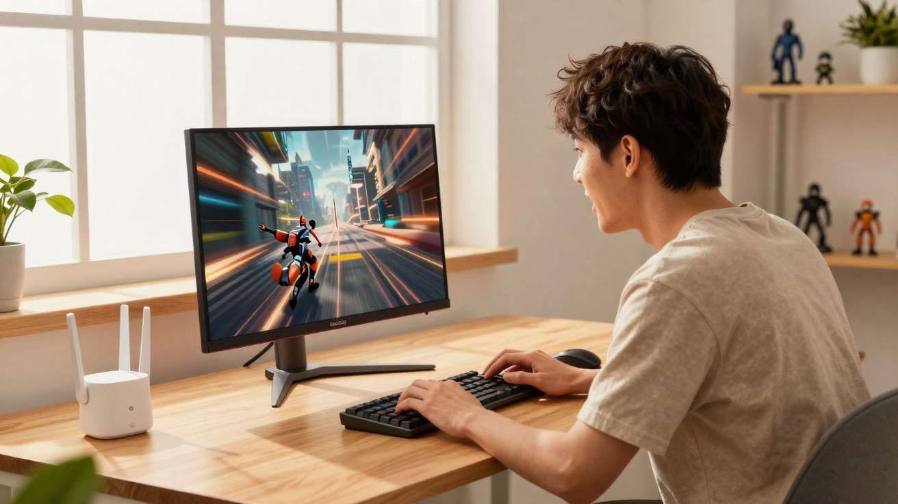 Jovem sentado a jogar videojogo num computador com teclado e rato numa secretária junto à janela.