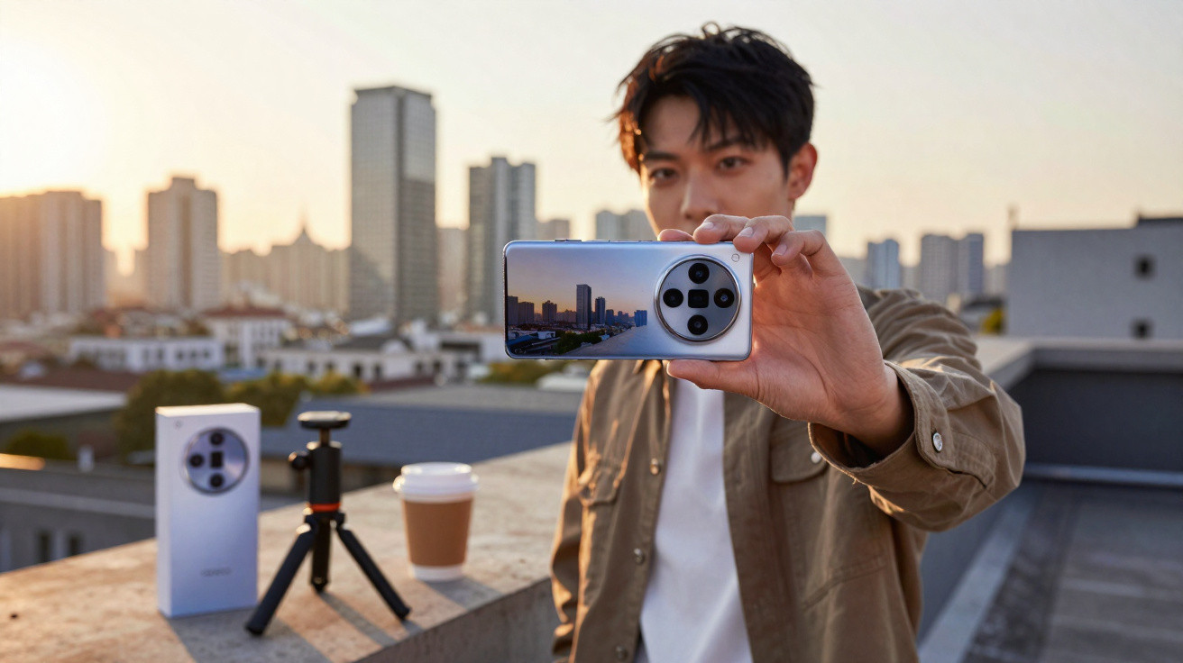 Homem a tirar fotografia com smartphone novo na cobertura, com cidade e pôr-do-sol ao fundo.