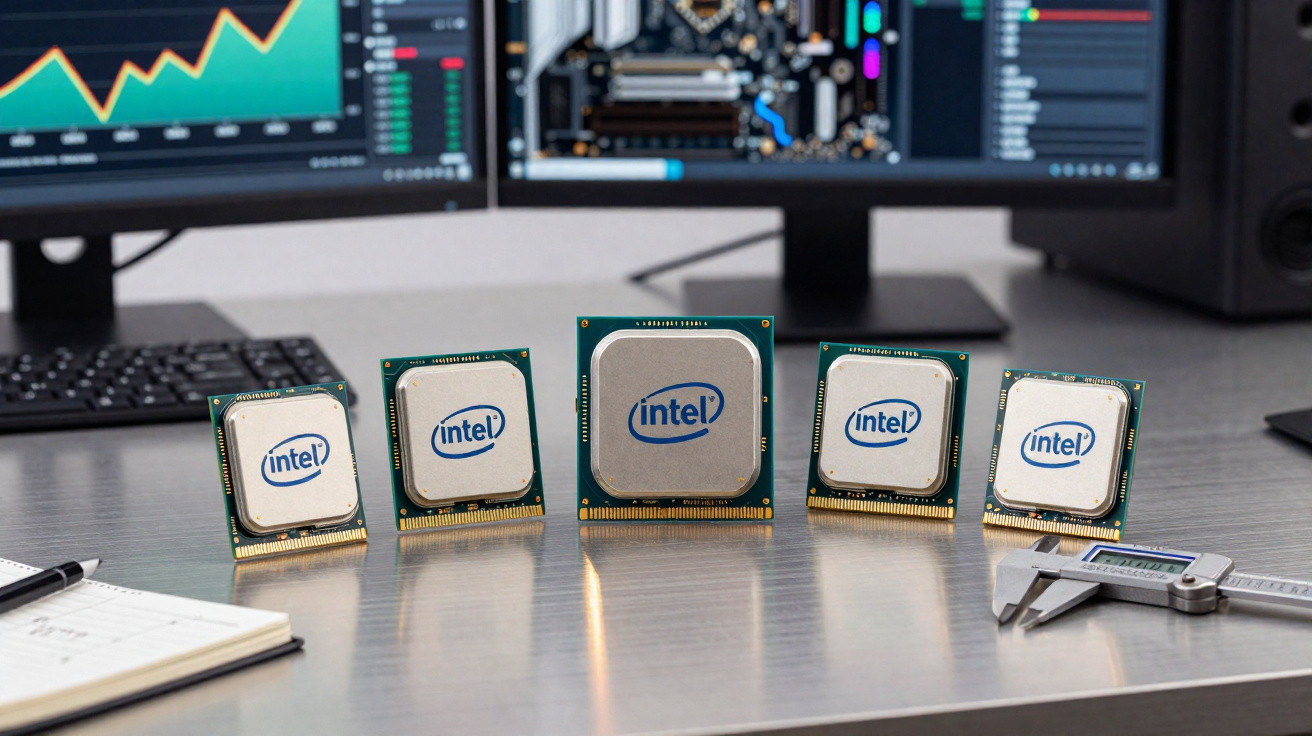 Cinco processadores Intel alinhados numa mesa metálica com computador e ferramentas ao fundo.