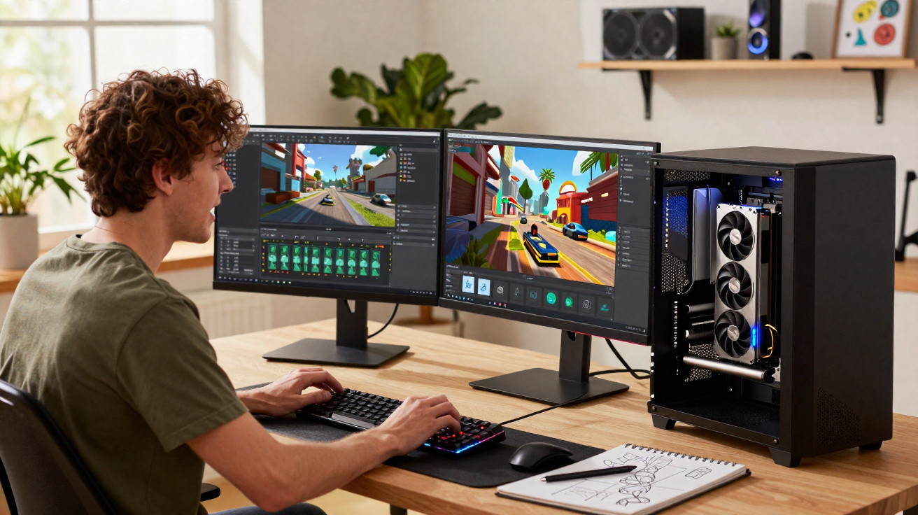 Pessoa a trabalhar em design de videojogo com dois monitores e computador de secretária aberto numa mesa.
