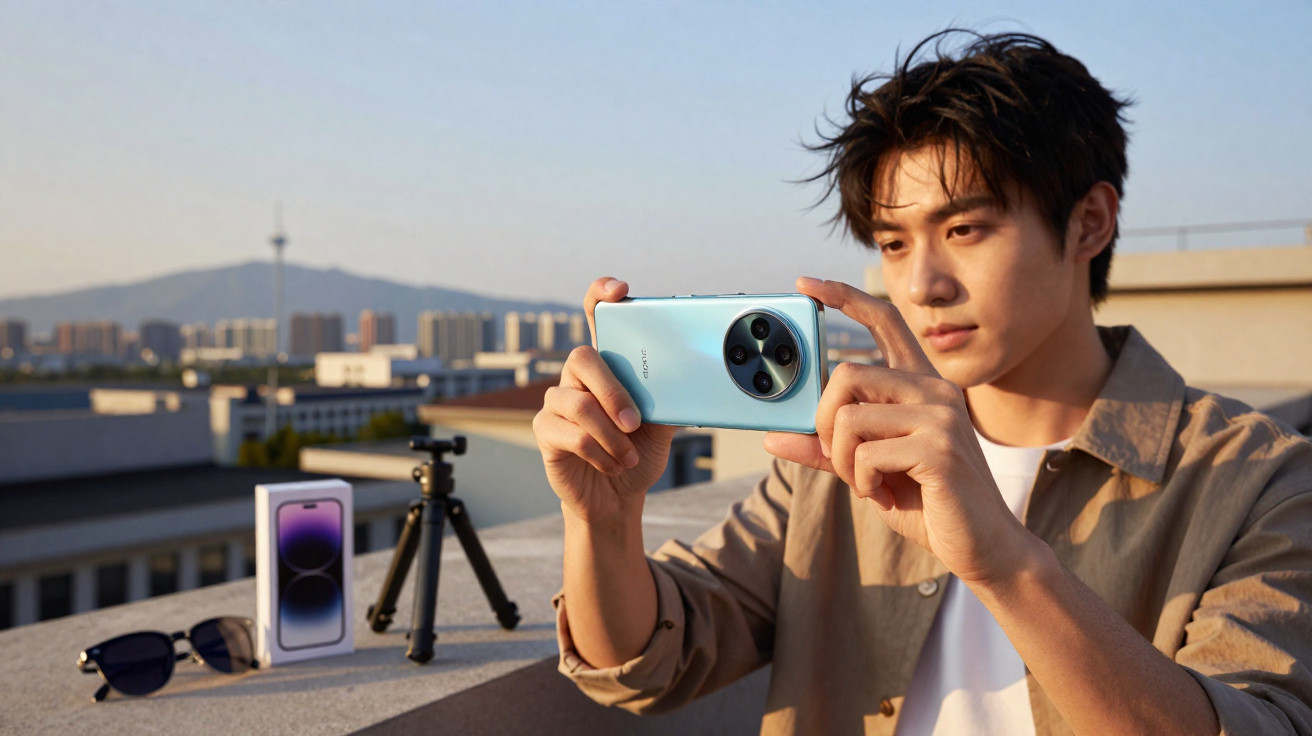 Jovem a tirar foto com telemóvel azul numa varanda, com óculos, tripé e caixa do telemóvel à frente.