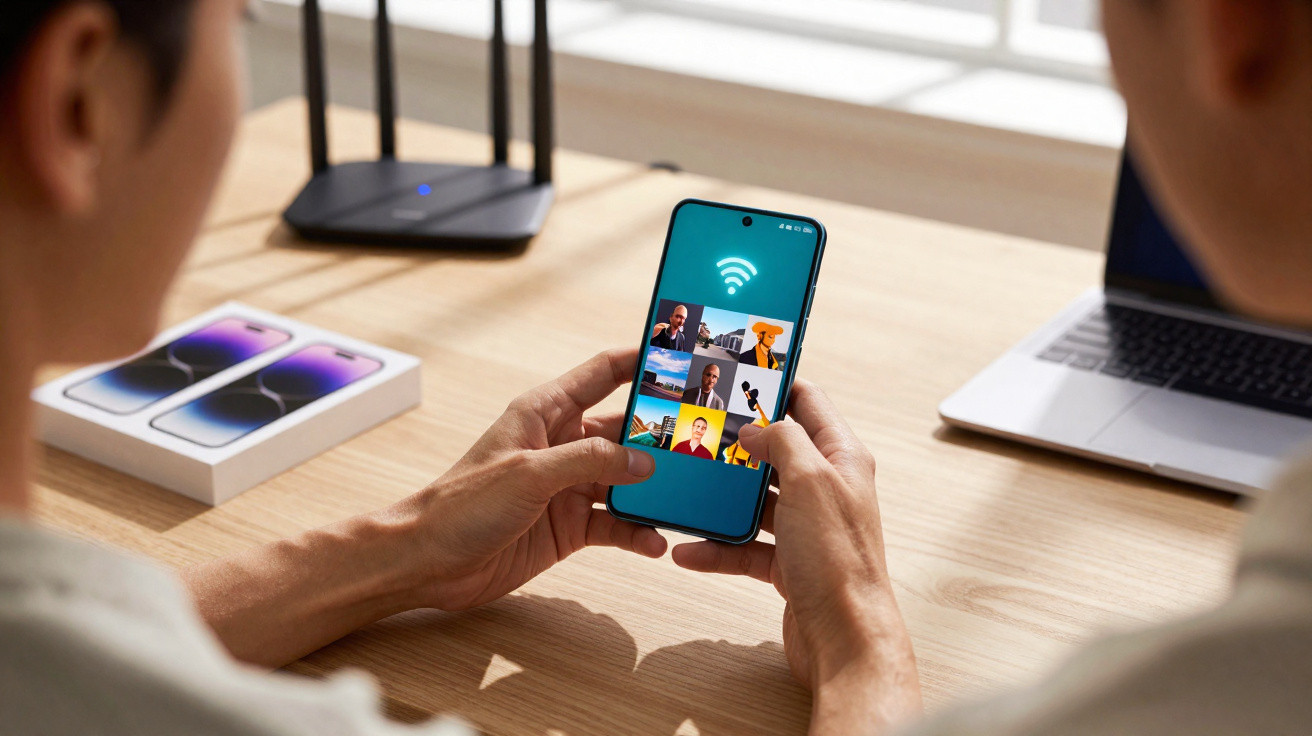 Pessoa a usar smartphone para chamada de vídeo com várias pessoas, numa mesa com router e computador portátil.