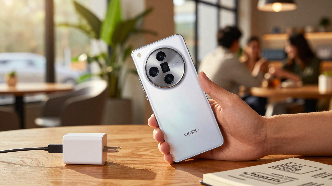 Pessoa a segurar smartphone branco Oppo com carregador numa mesa de madeira num café.