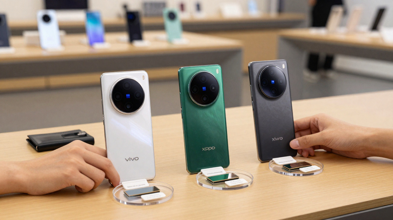 Três smartphones de diferentes marcas em exposição sobre mesa com mãos a interagir.