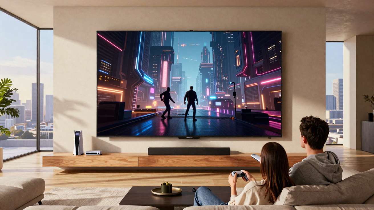 Casal sentado no sofá a jogar videojogo numa sala moderna com televisão grande e vistas urbanas.
