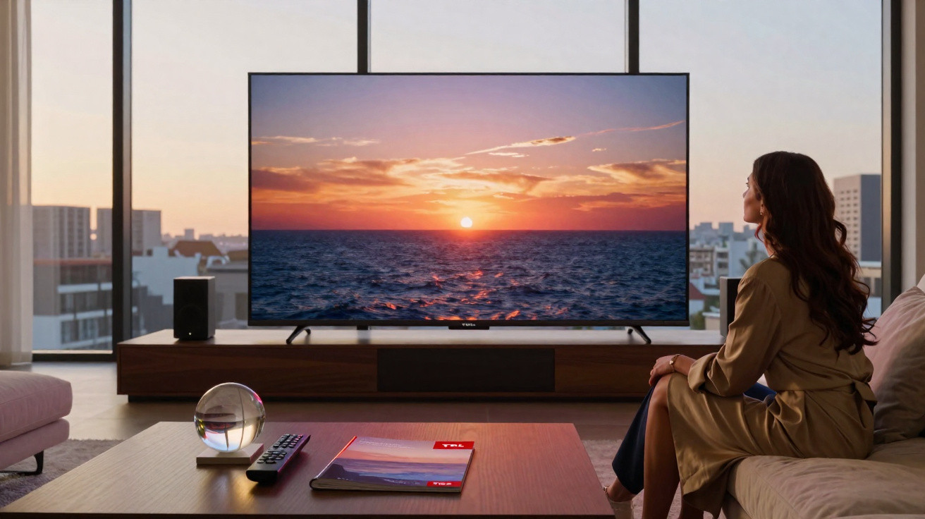 Mulher sentada no sofá a ver pôr do sol no oceano numa televisão numa sala moderna.