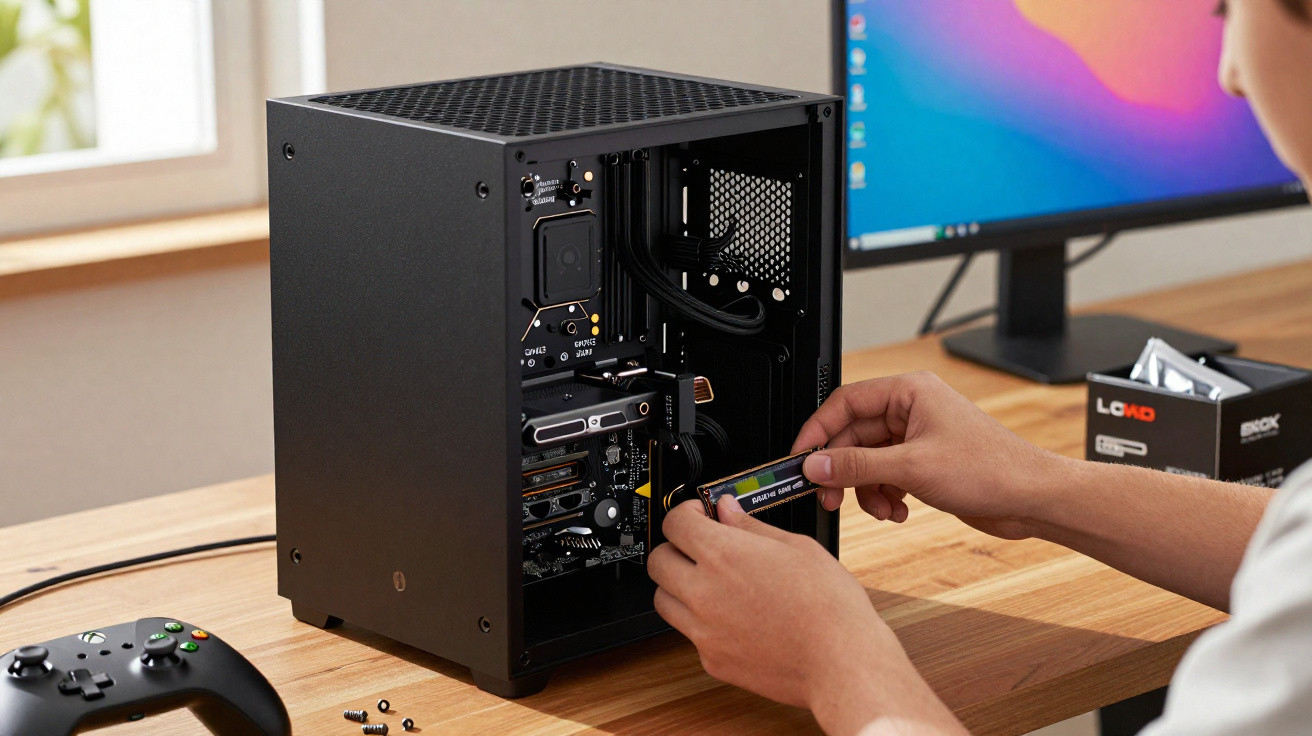 Pessoa a instalar uma placa NVMe num computador desktop com fundo desfocado e comando de consola na mesa.