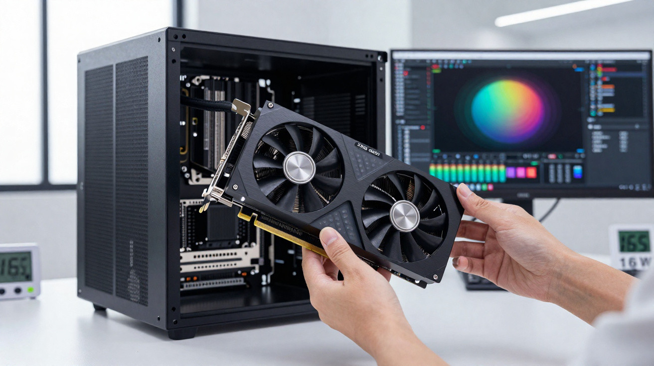 Pessoa a instalar placa gráfica num computador com monitor a exibir software de edição de imagem.