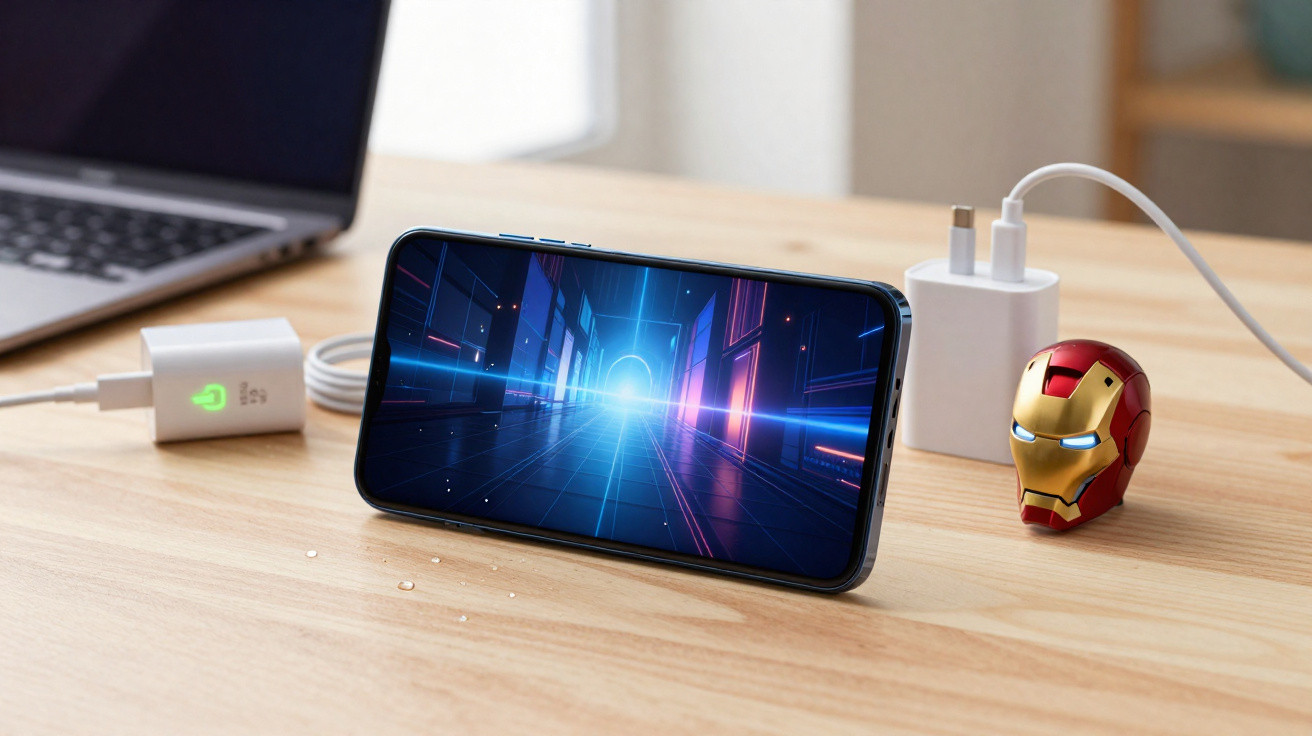 Smartphone com ecrã luminoso e carga ligada, junto a cabeça do Homem de Ferro e um computador portátil sobre mesa de madeira.