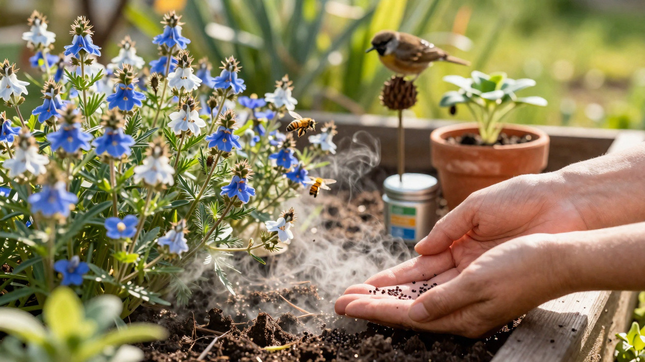 Mão a semear sementes em terra com flores azuis, abelha voando e pássaro numa estaca ao fundo.
