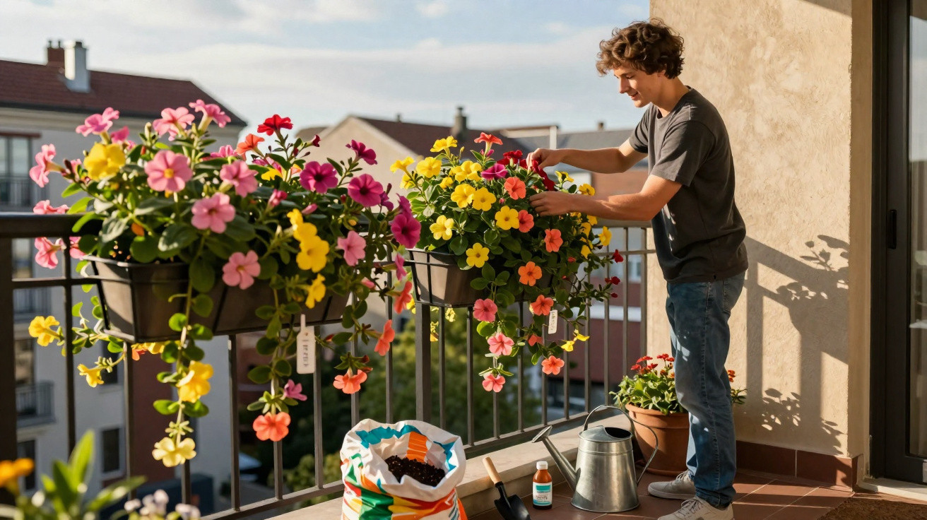 Homem a cuidar de flores coloridas num vaso num varandim urbano ao fim da tarde.