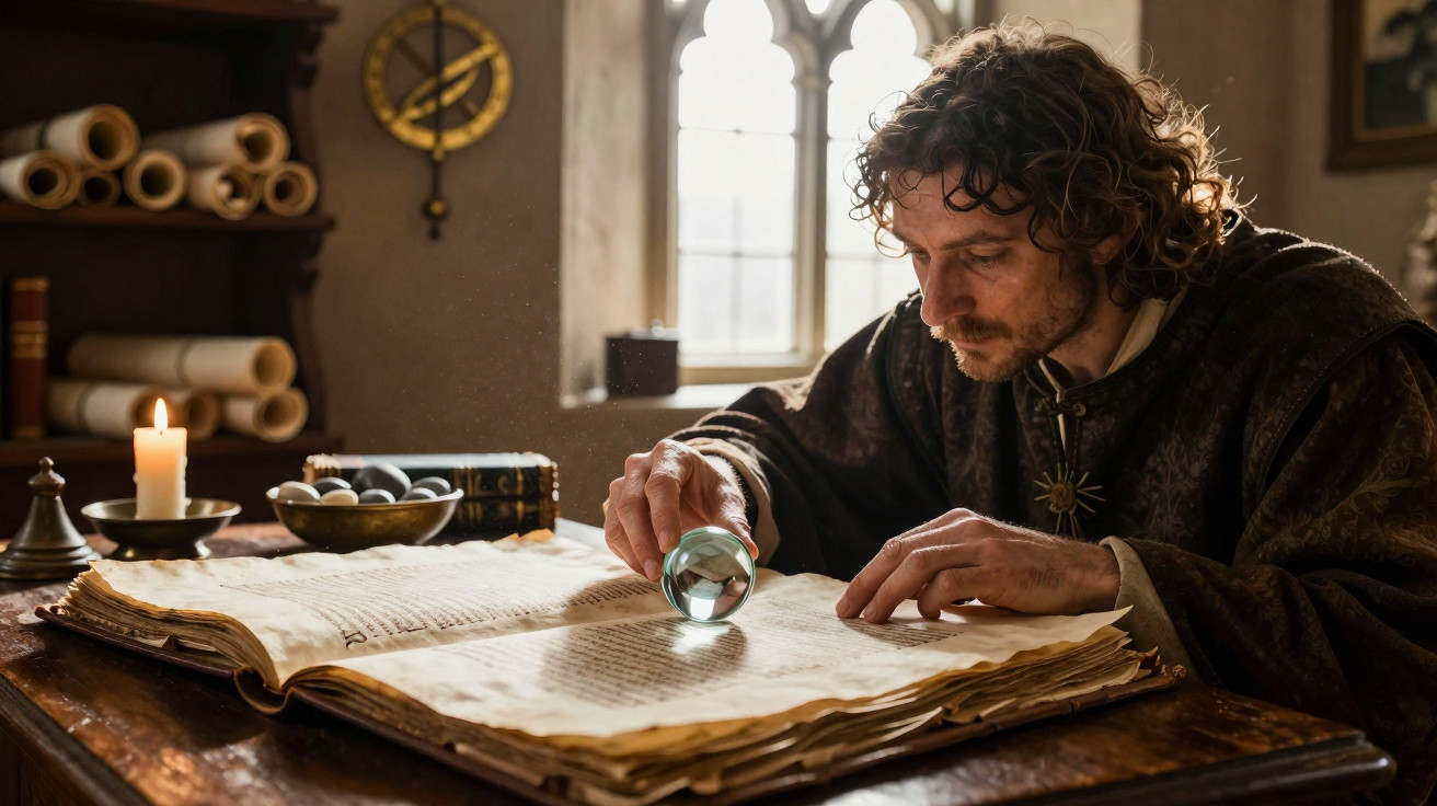 Homem com roupa medieval lê livro antigo com lente de aumento numa sala iluminada por vela.