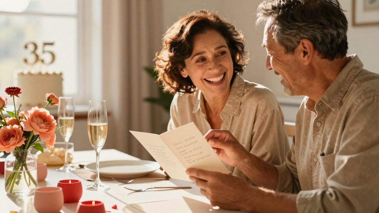 Casal feliz sentado à mesa a ler um cartão comemorativo durante uma celebração íntima em casa.