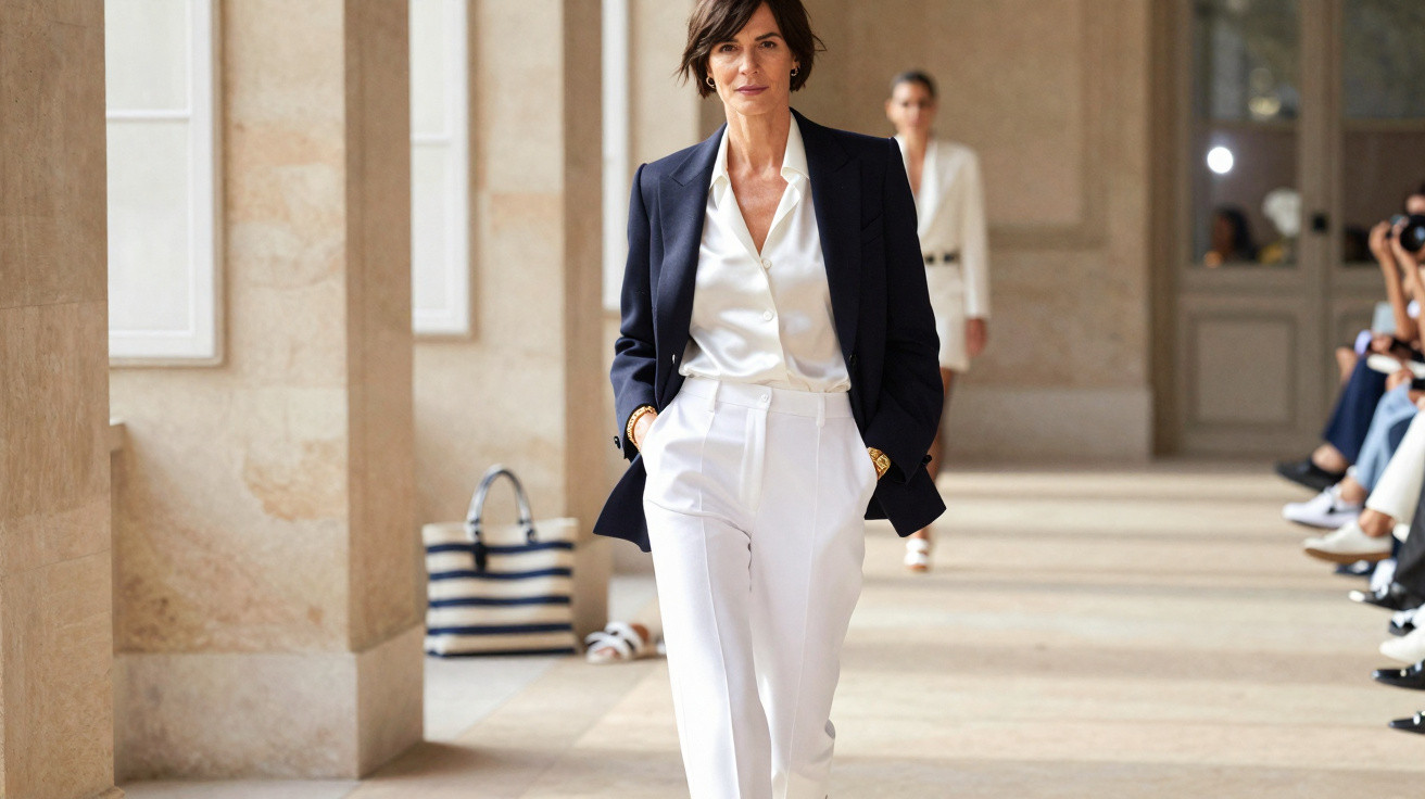 Mulher veste blazer preto sobre camisa branca e calças brancas, caminhando em passadeira de moda com público.