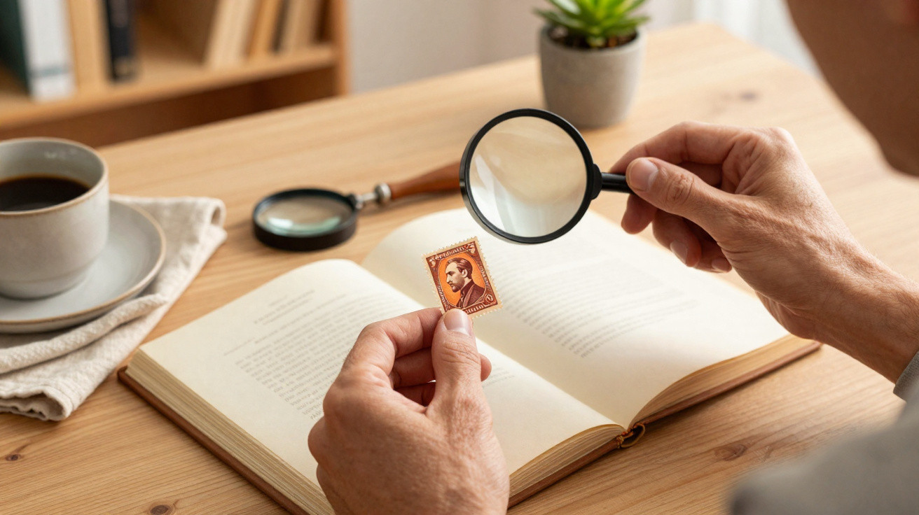 Pessoa a examinar um selo antigo com lupa numa mesa com livro, lupa e chávena de café.