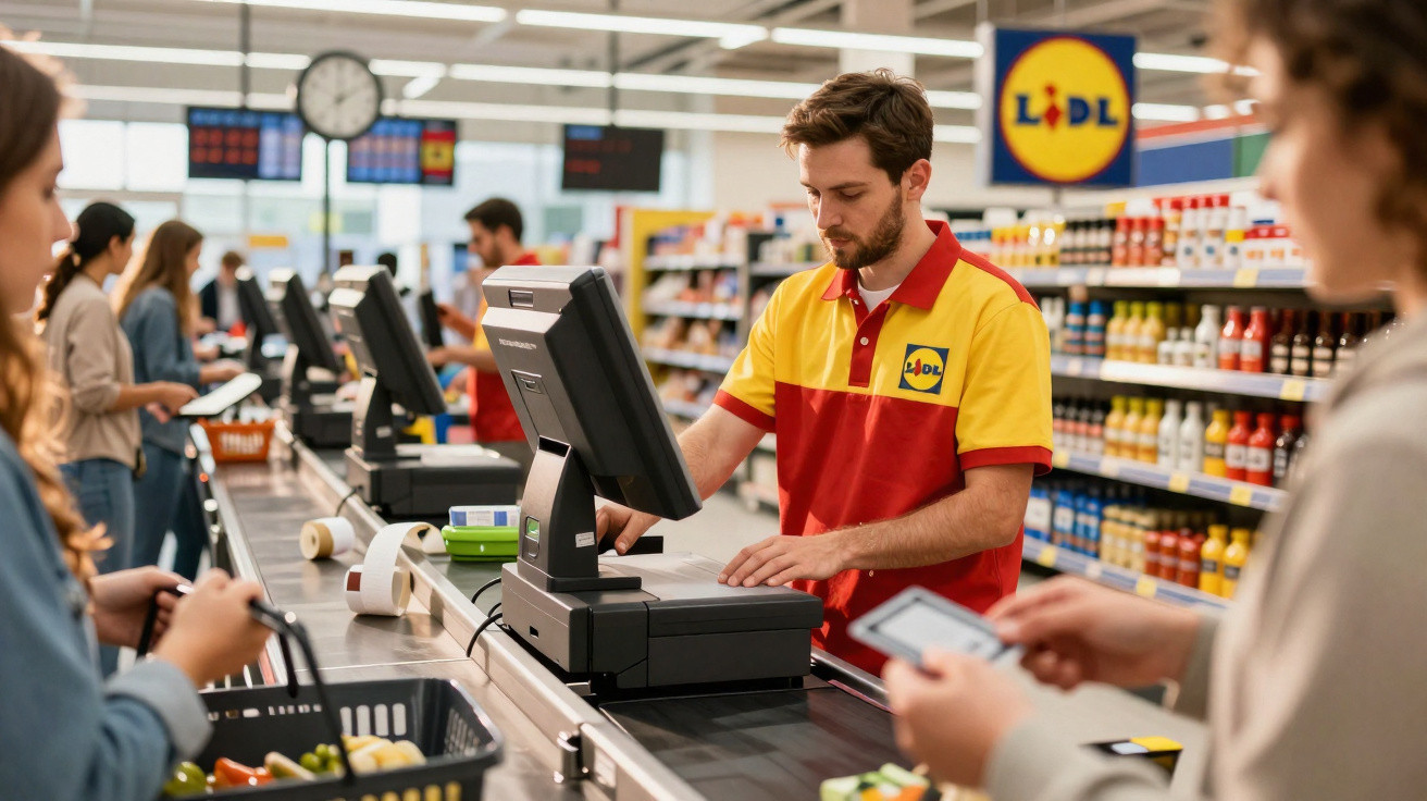 Caixa a atender clientes numa fila de supermercado Lidl, com produtos na caixa e carrinho à espera.