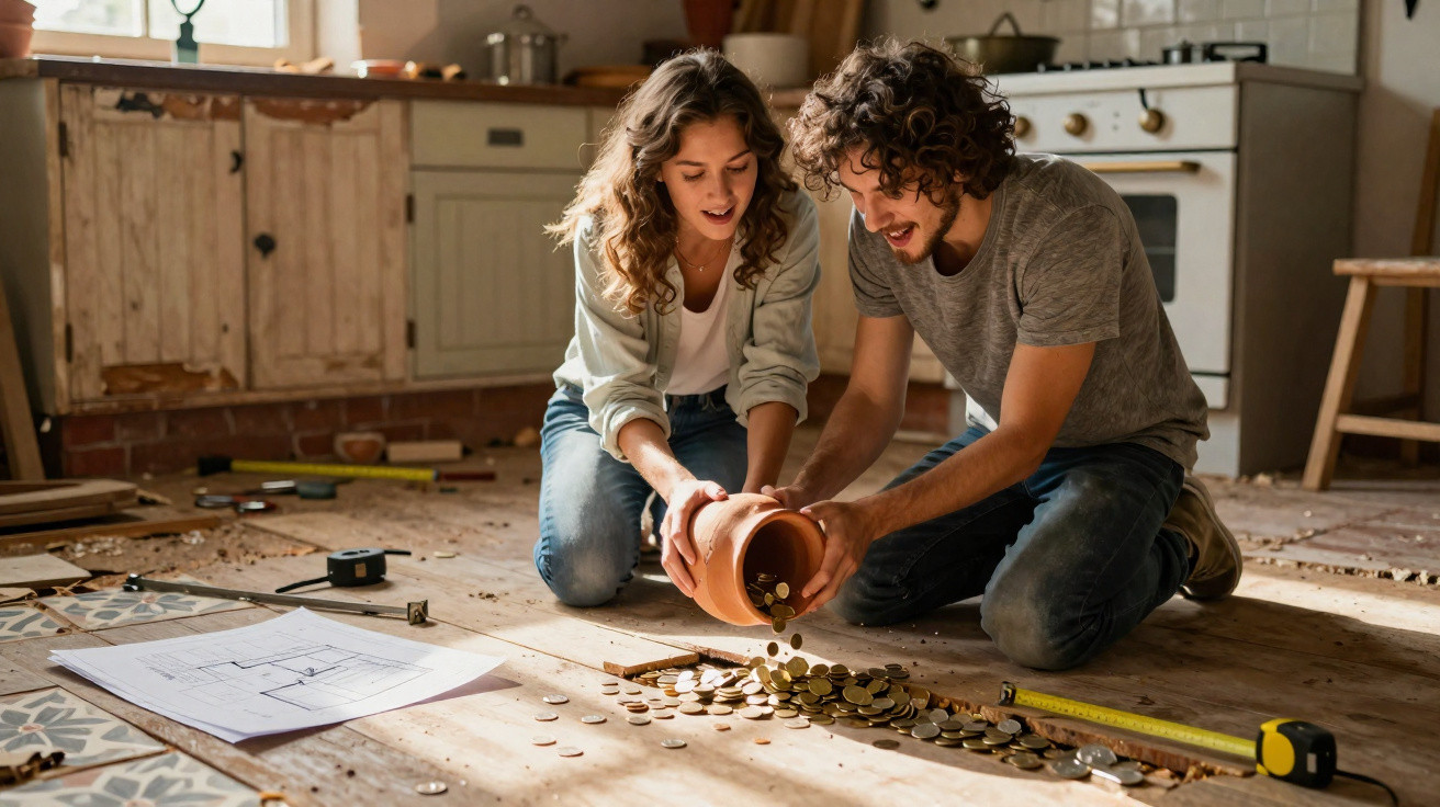 Casal jovem de joelhos conta moedas que caem de vaso numa divisão em renovação com plantas e projetos no chão.