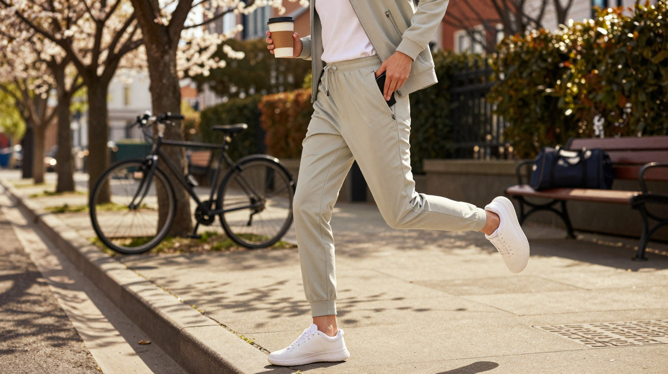 Pessoa a caminhar na rua com roupa desportiva clara e a segurar um copo de café para viagem.