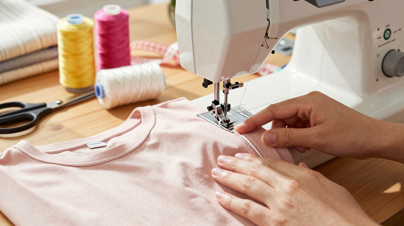 Máquina de costura a coser tecido cor-de-rosa com linhas coloridas e fita métrica numa mesa de madeira.