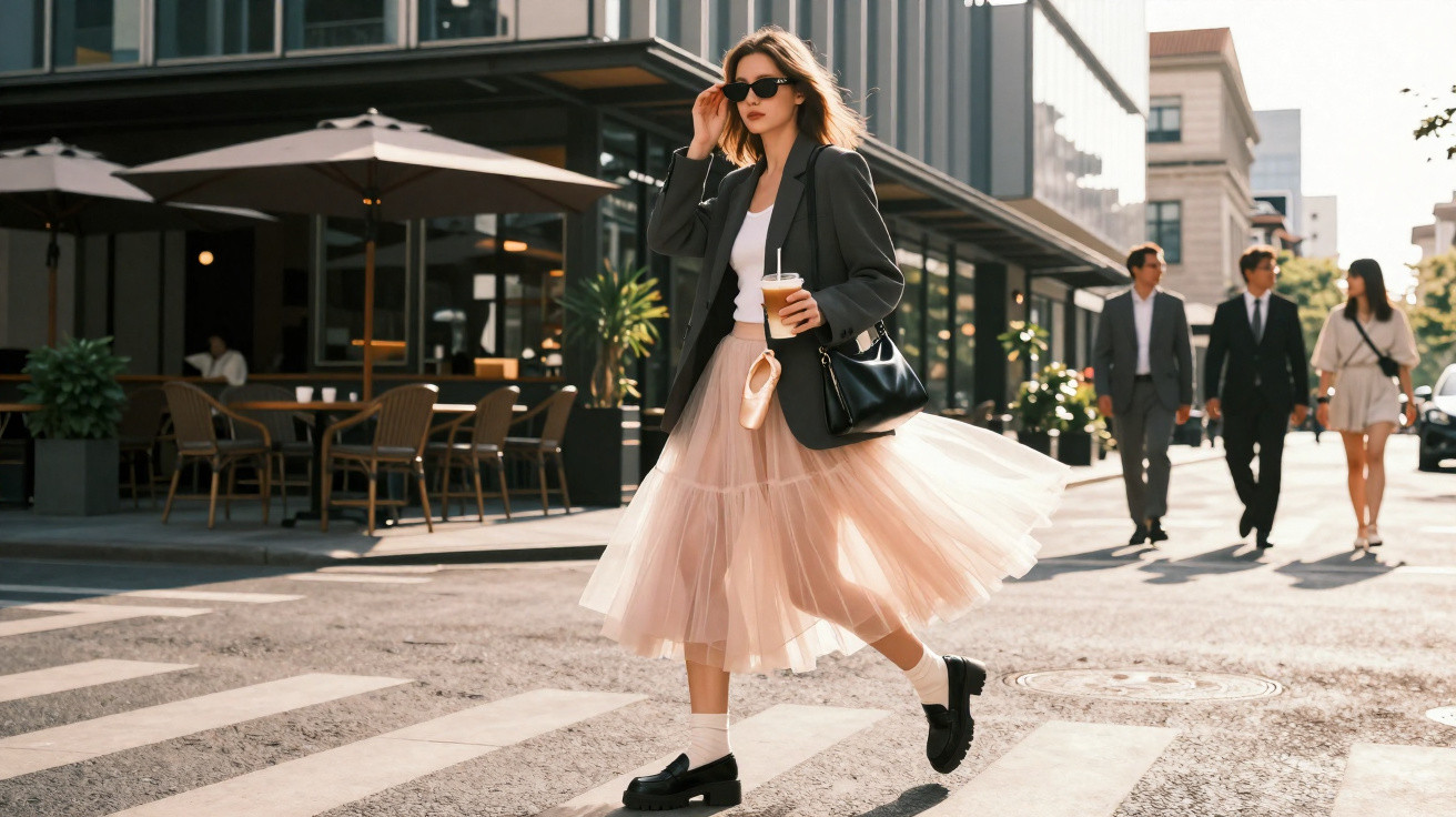Mulher com saia rodadana cor de rosa, blazer preto e óculos escuros, a atravessar rua na cidade com café na mão.