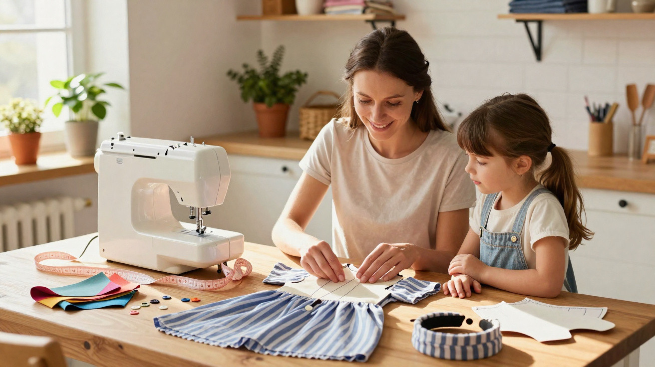 Mãe e filha a fazer costura à mão numa mesa com máquina de coser e tecidos numa cozinha luminosa.