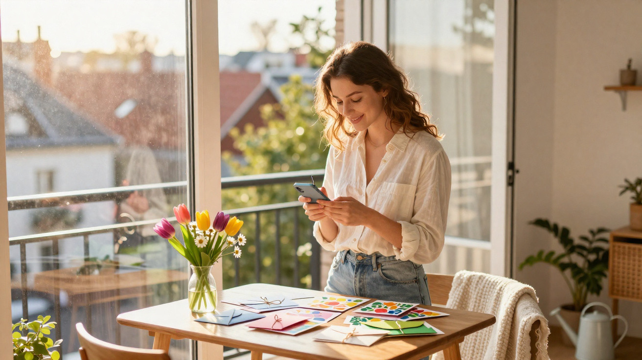 Mulher sorridente a usar telemóvel junto a mesa com envelopes coloridos e vaso de flores numa sala iluminada.