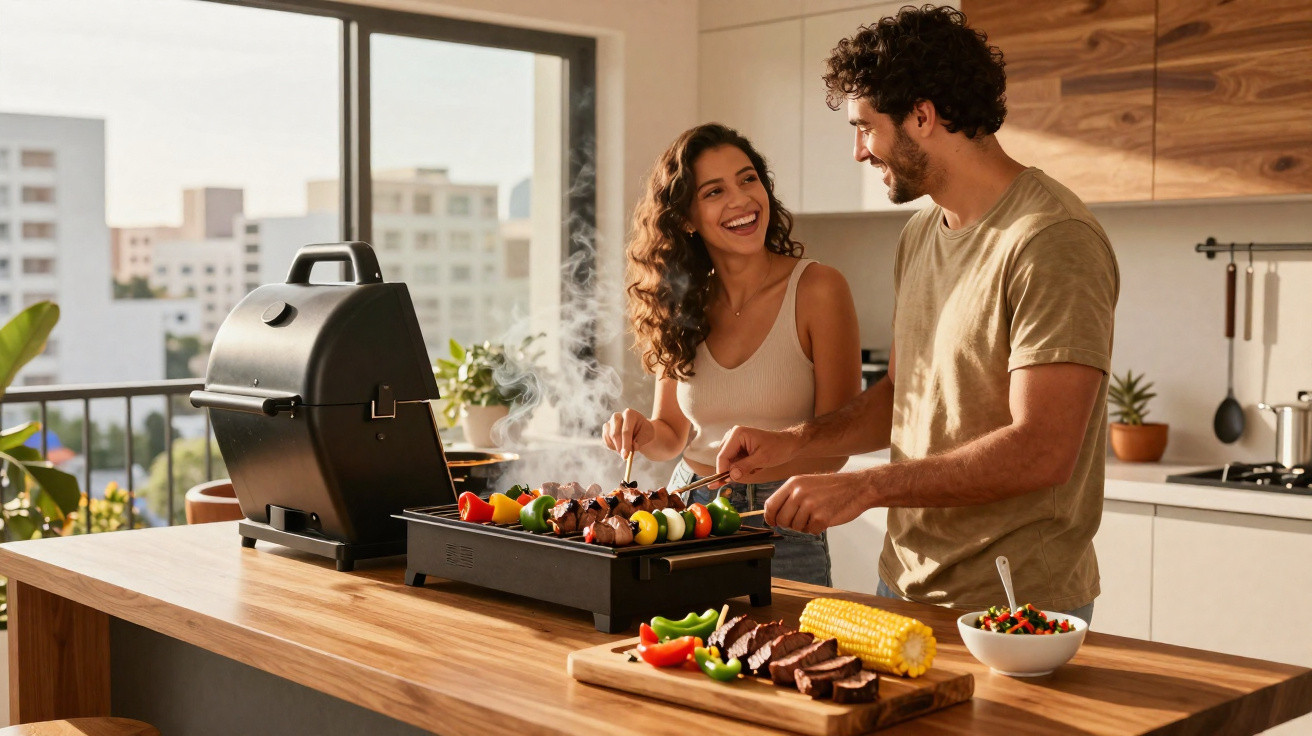 Casal sorridente a cozinhar espetadas de legumes e carne numa churrasqueira elétrica na cozinha moderna.
