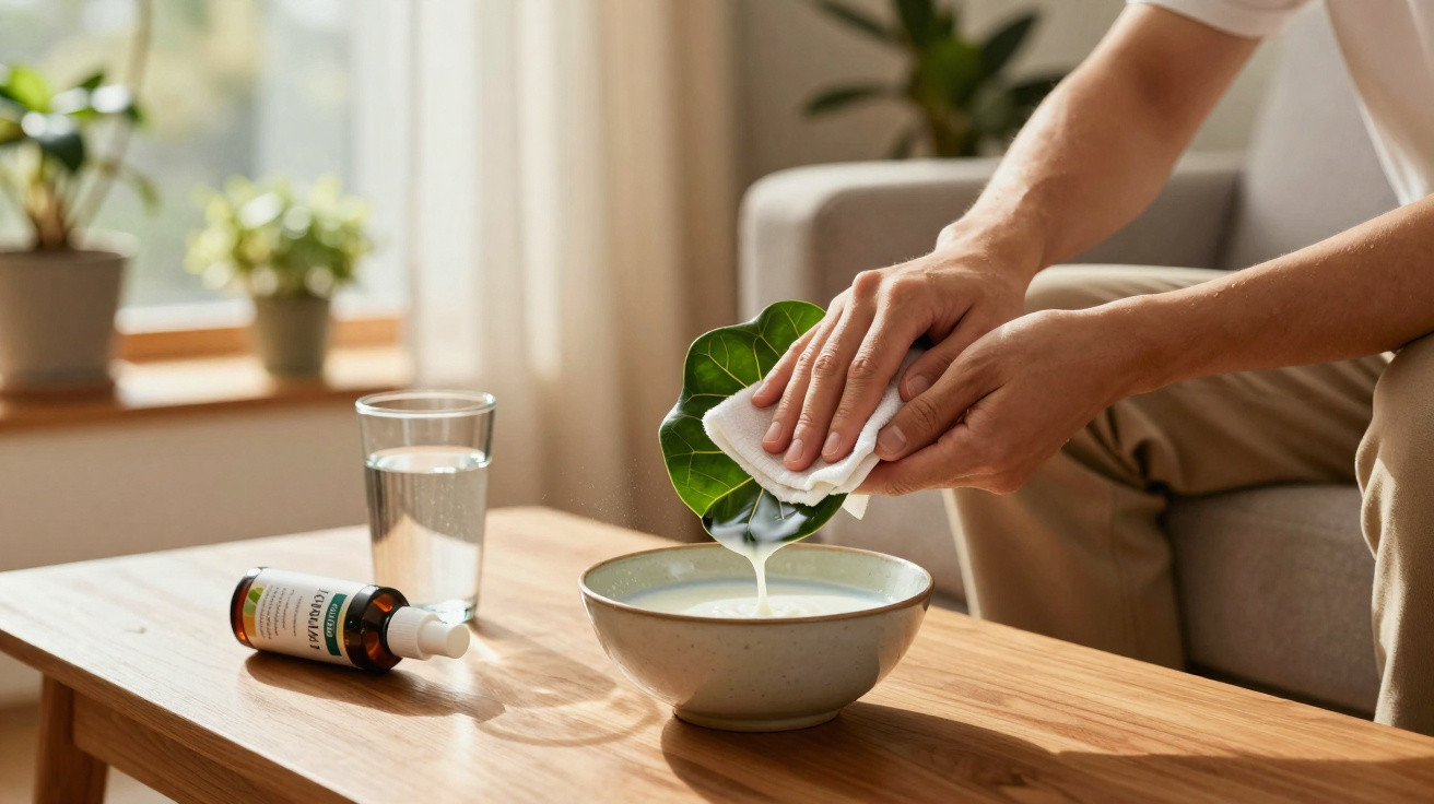 Pessoa a espremer uma folha verde para extrair gel numa taça, com um copo de água e um frasco ao lado.