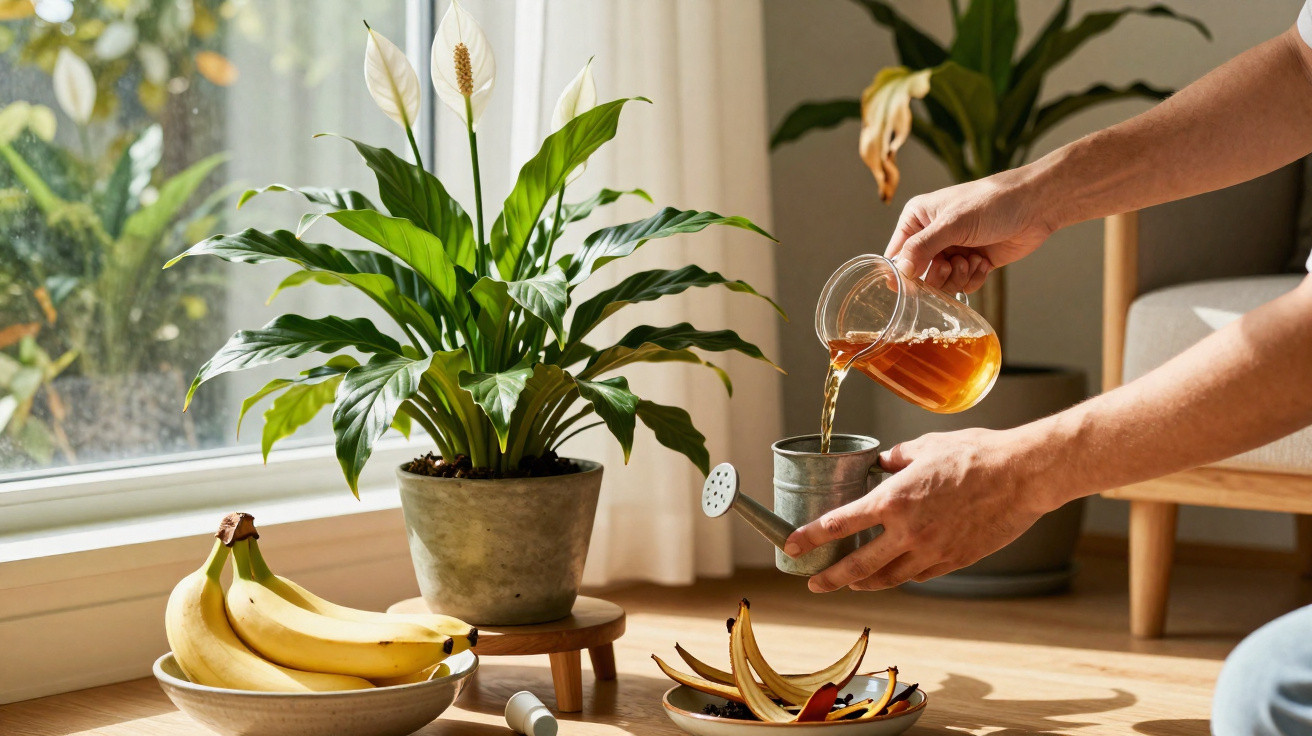 Pessoa a servir chá numa mesa com vasos de plantas e cacho de bananas junto a uma janela iluminada.