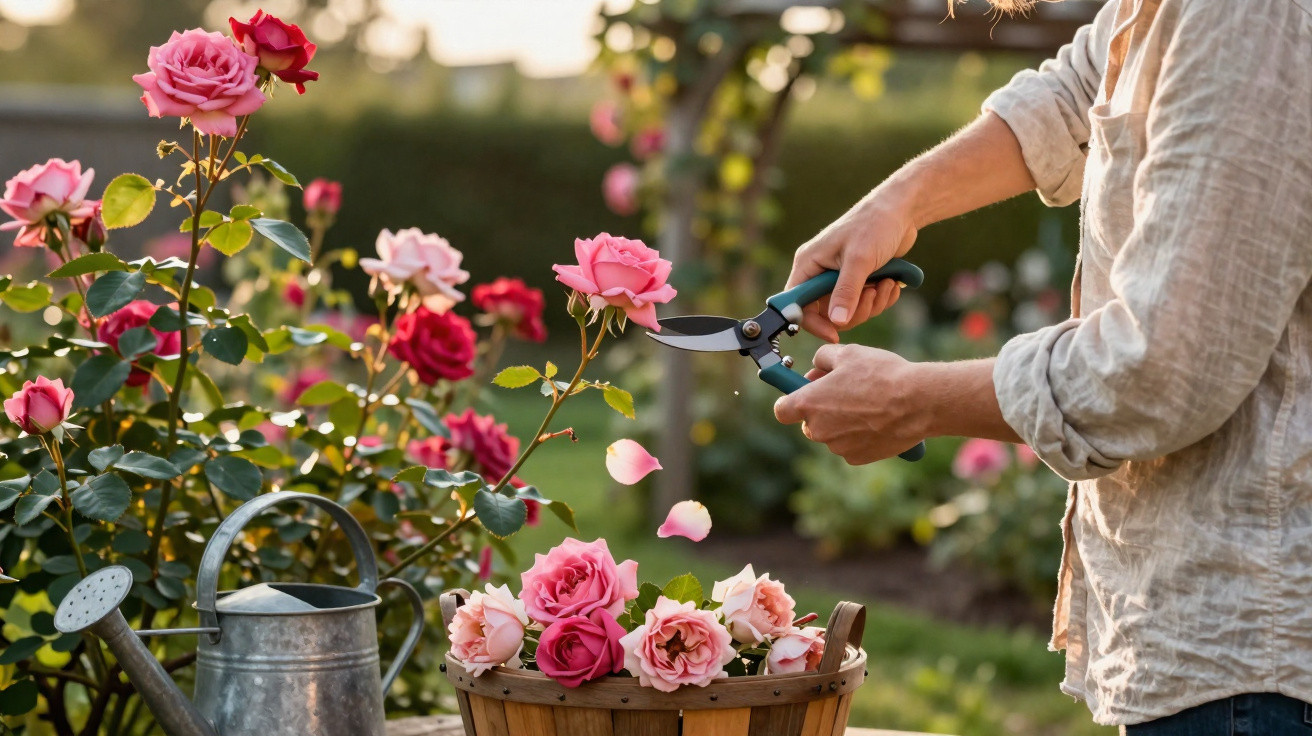 Pessoa a podar rosas cor-de-rosa num jardim, com regador metálico e cesto cheio de rosas cortadas.