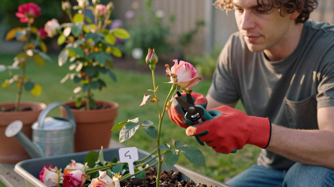 Pessoa com luvas a cortar uma rosa cor-de-rosa num vaso num jardim ao entardecer.