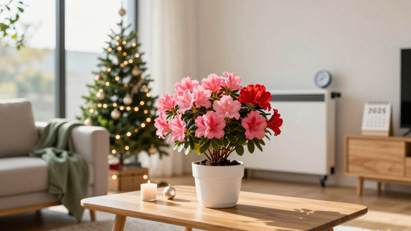 Vaso branco com flores vermelhas e rosa numa mesa de madeira, ao lado de sofá cinzento e janela iluminada.