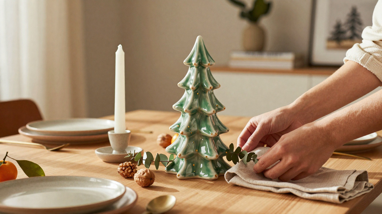 Mãos a arrumar guardanapo em mesa de madeira decorada com vela, árvore de Natal cerâmica e tangerinas.