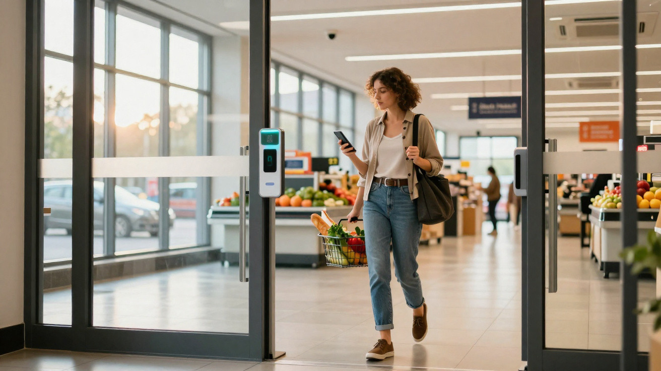 Mulher com cesto de compras e telemóvel passa por leitor digital na entrada de supermercado moderno.