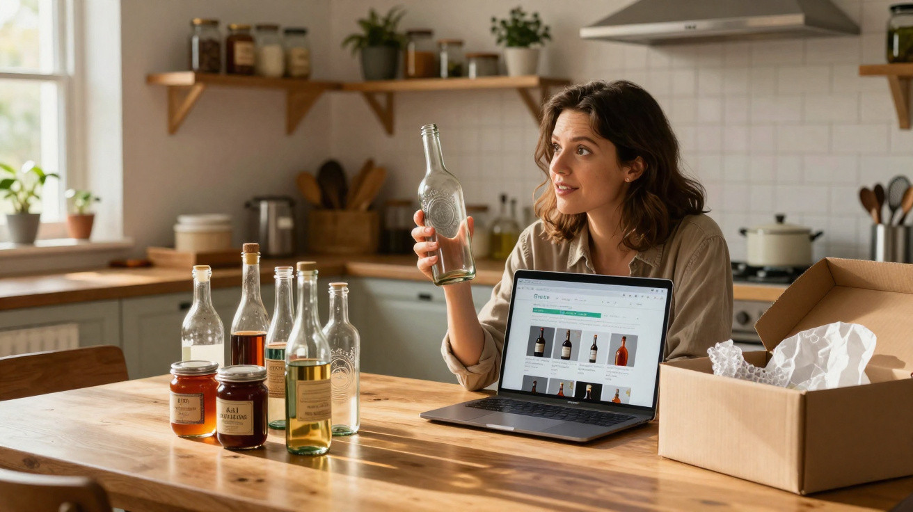 Mulher a analisar garrafa comprada online na cozinha, com várias garrafas, mel e computador à sua frente.