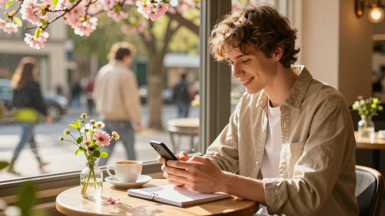 Jovem sorridente a usar telemóvel numa esplanada com flores e café numa manhã ensolarada.