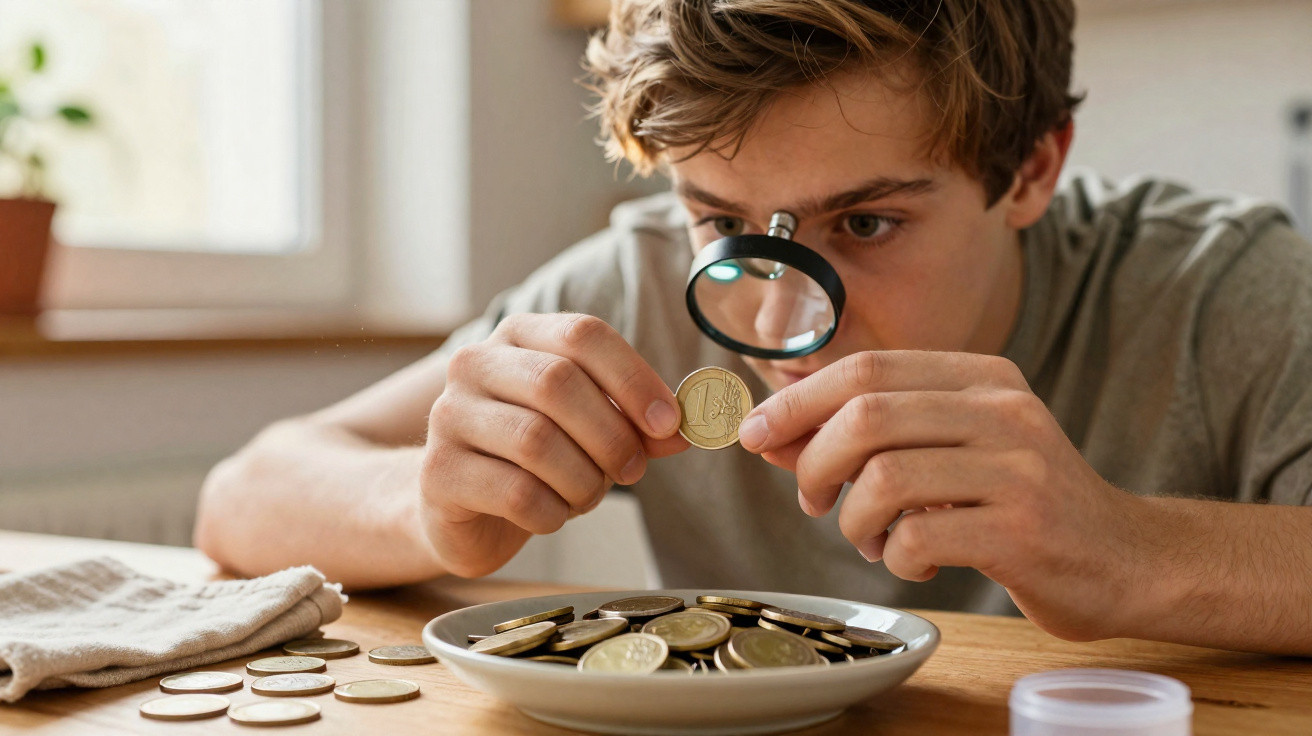 Rapaz observa cuidadosamente uma moeda de euro com uma lupa, sentado à mesa com várias moedas à sua frente.
