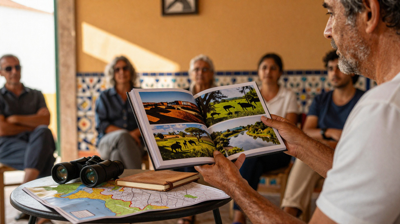 Homem idoso a mostrar livro ilustrado de paisagens a grupo de pessoas numa sala decorada com azulejos portugueses.