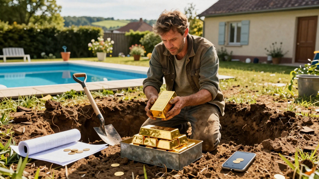 Homem a cavar e a encontrar barras de ouro junto a piscina num jardim.