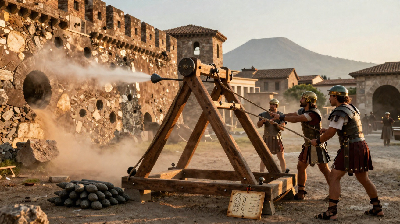 Soldados romanos em armadura a disparar uma catapulta antiga contra uma muralha de pedra, com uma montanha ao fundo.