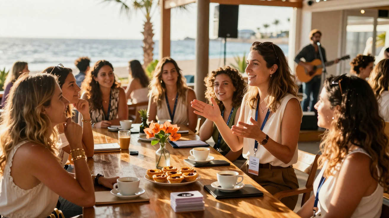 Grupo de mulheres a conversar num encontro informal junto ao mar, numa mesa com bolos e café.