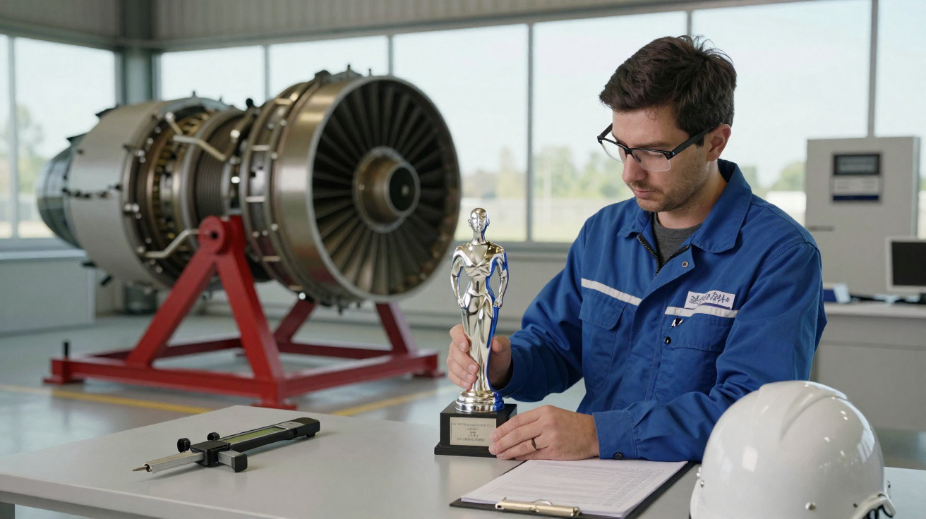 Engenheiros de manutenção em fábrica a examinar um troféu junto a equipamento técnico e capacete de segurança.